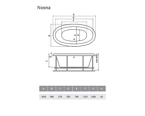 Приобрести Акриловая ванна Relisan Neona 180x90 Гл000000548 без гидромассажа в магазине сантехники Santeh-Crystal.ru