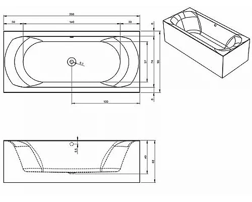 Приобрести Акриловая ванна Riho Linares 200х90 R B144011005 (BD5900500000000) без гидромассажа в магазине сантехники Santeh-Crystal.ru