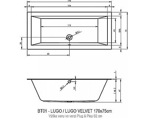 Купить Акриловая ванна Riho Lugo 170х75 R B132015005 (BD6100500000000) без гидромассажа в магазине сантехники Santeh-Crystal.ru