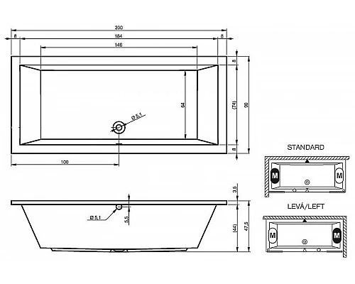 Приобрести Акриловая ванна Riho Lusso 200x90 B016001005 (BA6000500000000) без гидромассажа в магазине сантехники Santeh-Crystal.ru