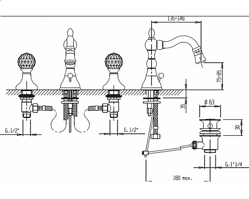 Смеситель для биде на три отверстия Cezares ATLANTIS-BBS2-03/24-Sw/M