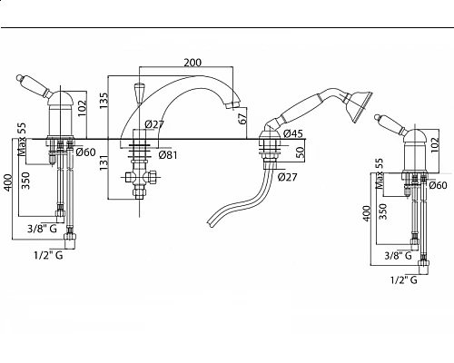Смеситель на борт ванны с выдвижным душем и переключателем CEZARES ELITE-BVDM-01-M