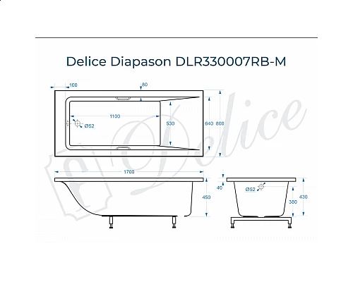 Ванна из литьевого мрамора Delice Diapason 170х80 матовая с черными ручками DLR330007RB-M