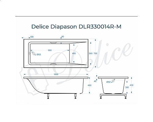 Ванна из литьевого мрамора Delice Diapason 150х75 матовая с ручками Хром DLR330014R-M