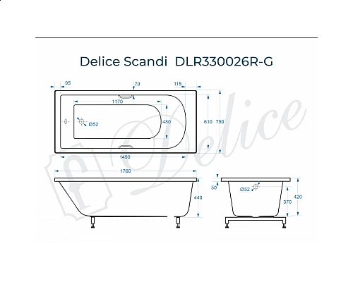 Ванна из литьевого мрамора Delice Scandi 170х75 глянцевая с ручками Хром DLR330026R-G
