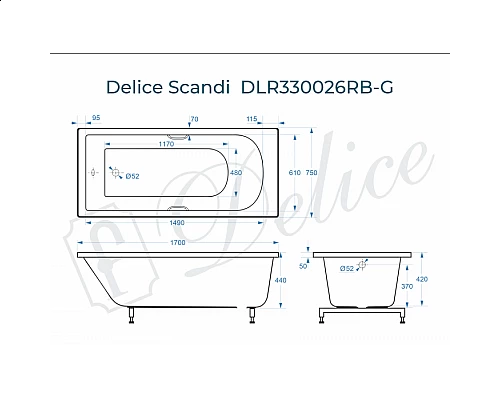 Ванна из литьевого мрамора Delice Scandi 170х75 глянцевая с черными ручками DLR330026RB-G