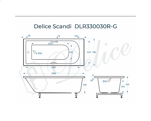 Ванна из литьевого мрамора Delice Scandi 180х75 глянцевая с ручками Хром DLR330030R-G