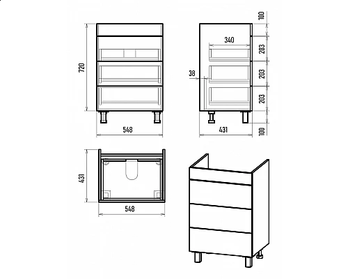 Купить GLOSTER - 60 Тумба с 3 ящ. напольная, графит в магазине сантехники Santeh-Crystal.ru