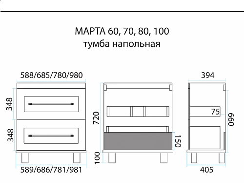Купить Марта -100 Тумба напольная 2 ящ. темный бетон в магазине сантехники Santeh-Crystal.ru