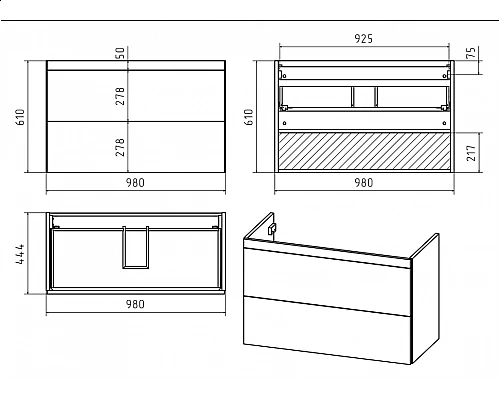 Купить Атлантик -100 Тумба подвесная с 2 ящ. закруг. края / раковина в магазине сантехники Santeh-Crystal.ru