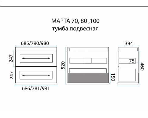 Приобрести Марта -100 Тумба подвесная 2 ящ. темный бетон / раковина в магазине сантехники Santeh-Crystal.ru
