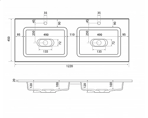 Заказать Раковина для ванной полувстраиваемая Uperwood Modul (120 см, двойная, прямоугольная) в магазине сантехники Santeh-Crystal.ru