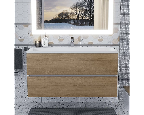 Купить Тумба с раковиной для ванной Uperwood Barsa (100 см, раковина белая, подвесная тумба белая/дуб сонома) в магазине сантехники Santeh-Crystal.ru