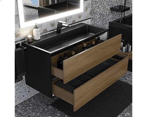 Заказать Тумба с раковиной для ванной Uperwood Barsa (100 см, раковина черная, подвесная тумба черная/дуб сонома) в магазине сантехники Santeh-Crystal.ru