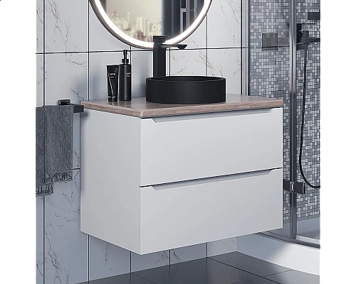 Купить Комплект Тумба со столешницей для ванной Uperwood Tanos (70 см, белая/бук светлый, с накладной раковиной Round, цвет черный) в магазине сантехники Santeh-Crystal.ru
