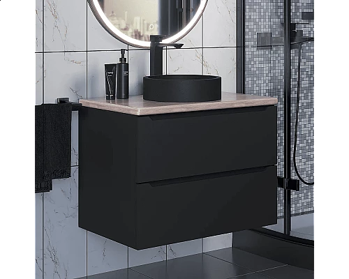 Купить Комплект Тумба со столешницей для ванной Uperwood Tanos (70 см, черная/бук светлый, с накладной раковиной Round, цвет черный) в магазине сантехники Santeh-Crystal.ru