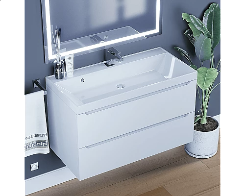 Купить Тумба с раковиной для ванной Uperwood Tanos (90 см, подвесная, матовая, белая) в магазине сантехники Santeh-Crystal.ru