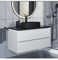 Комплект Тумба со столешницей для ванной Uperwood Tanos (100 см, белая/бук темный, с накладной раковиной Rome, цвет черный)