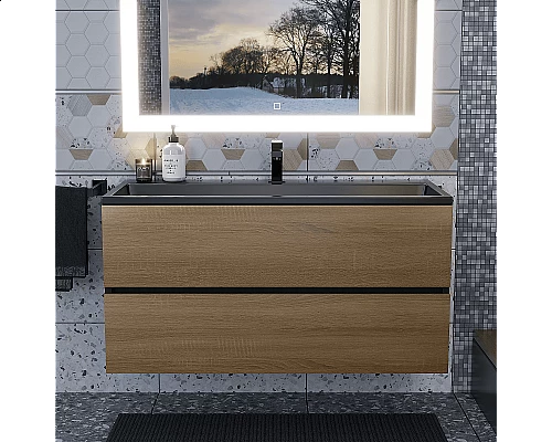 Заказать Тумба с раковиной для ванной Uperwood Barsa (100 см, раковина черная, подвесная тумба черная/дуб сонома) в магазине сантехники Santeh-Crystal.ru