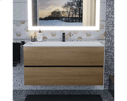 Приобрести Тумба с раковиной для ванной Uperwood Barsa (100 см, раковина белая, подвесная тумба черная/дуб сонома) в магазине сантехники Santeh-Crystal.ru