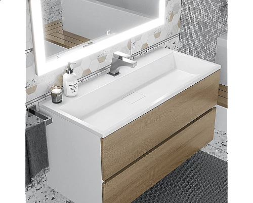 Купить Тумба с раковиной для ванной Uperwood Barsa (100 см, раковина белая, подвесная тумба белая/дуб сонома) в магазине сантехники Santeh-Crystal.ru